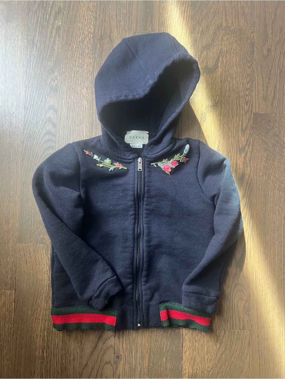 Gucci Navy Toddler Girls' Hooded Zip Sweatshirt with Floral Embroidery